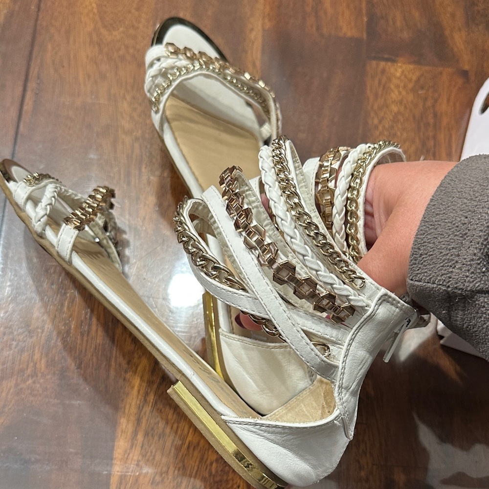 Traffic White and Gold Chain-Embellished Sandals
